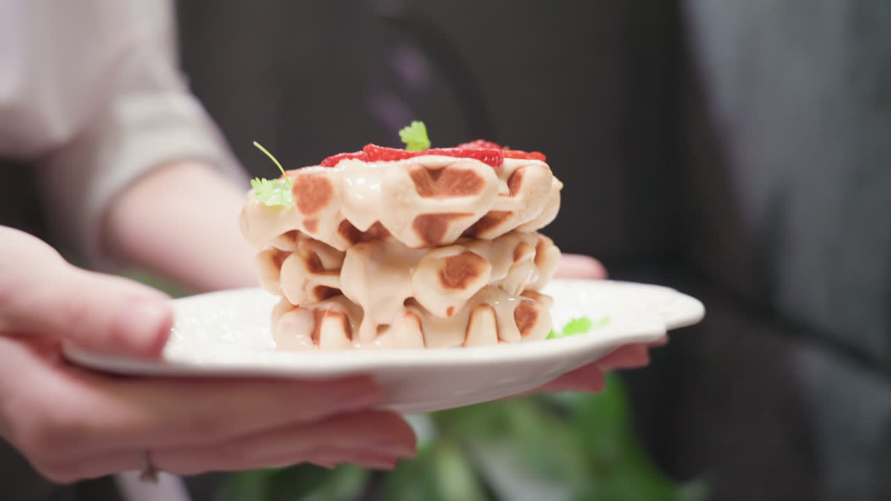Close up of waitress holding white plate with stacked golden waffles topped with cream and sliced strawberries, garnish added for decoration, soft indoor lighting with blurred background