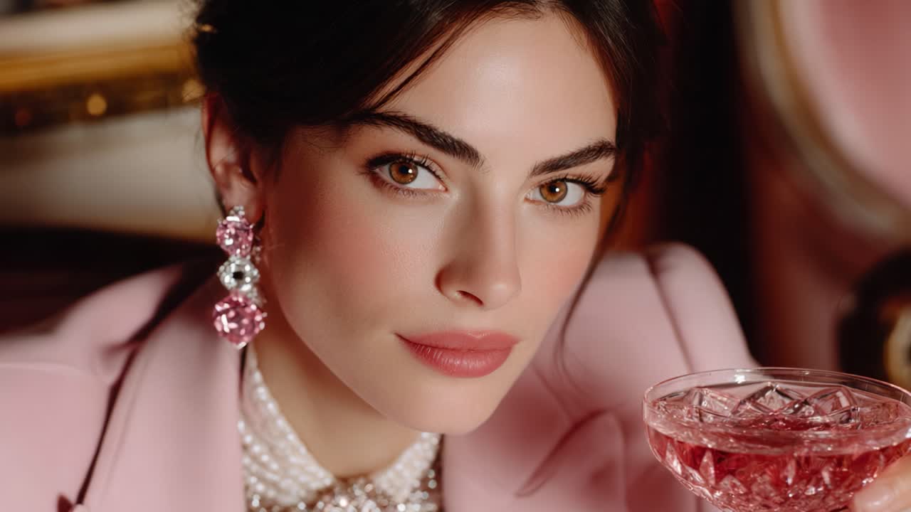 Un ritratto affascinante di una donna elegante che gusta un cocktail con accessori raffinati e uno stile impeccabile, immortalata in un ambiente lussuoso