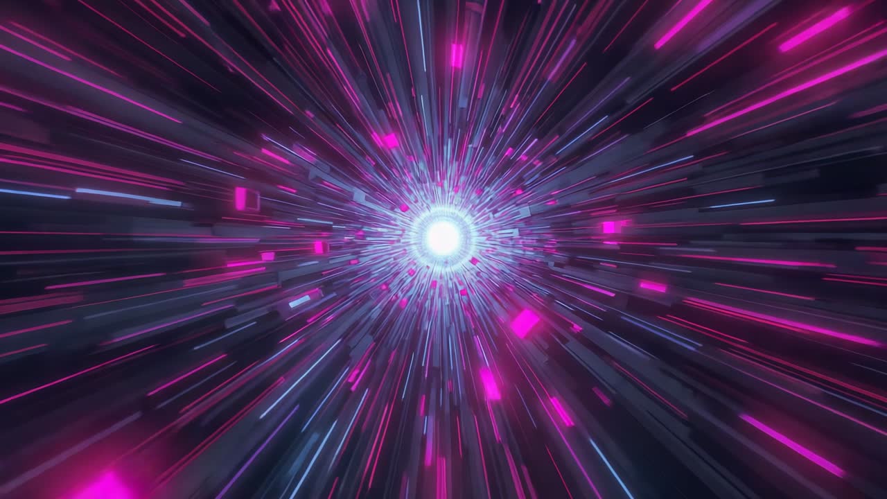 Sequenza di avvio che spinge un nucleo centrale verso l'interno in un tunnel di curvatura, trascinando cubi e linee magenta.