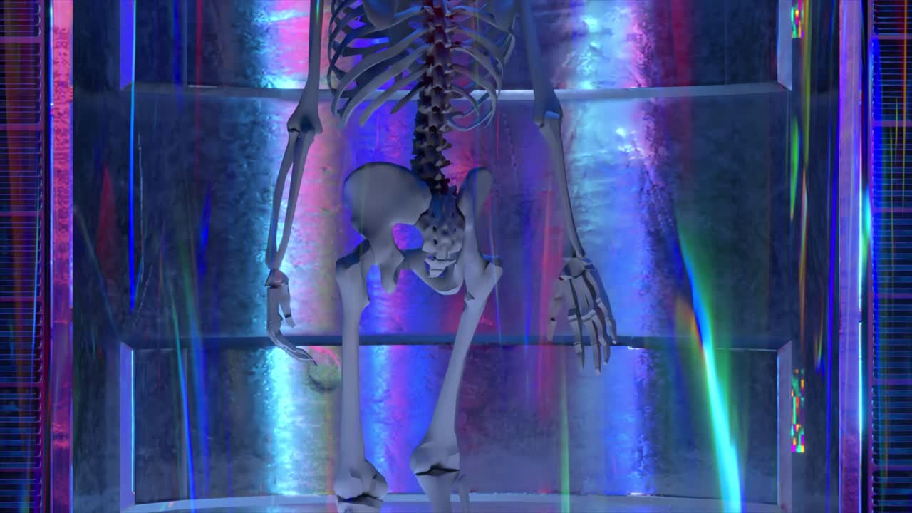 esqueleto renderizado en 3d en una vitrina futurista