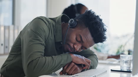 call center, yawning and tired male consultant