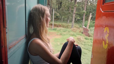 a woman sits at the open door of a moving train on the iconic ella to kandy route in sri lanka, calmly enjoying the stunning landscape of tea plantations, hills, and tropical forest.