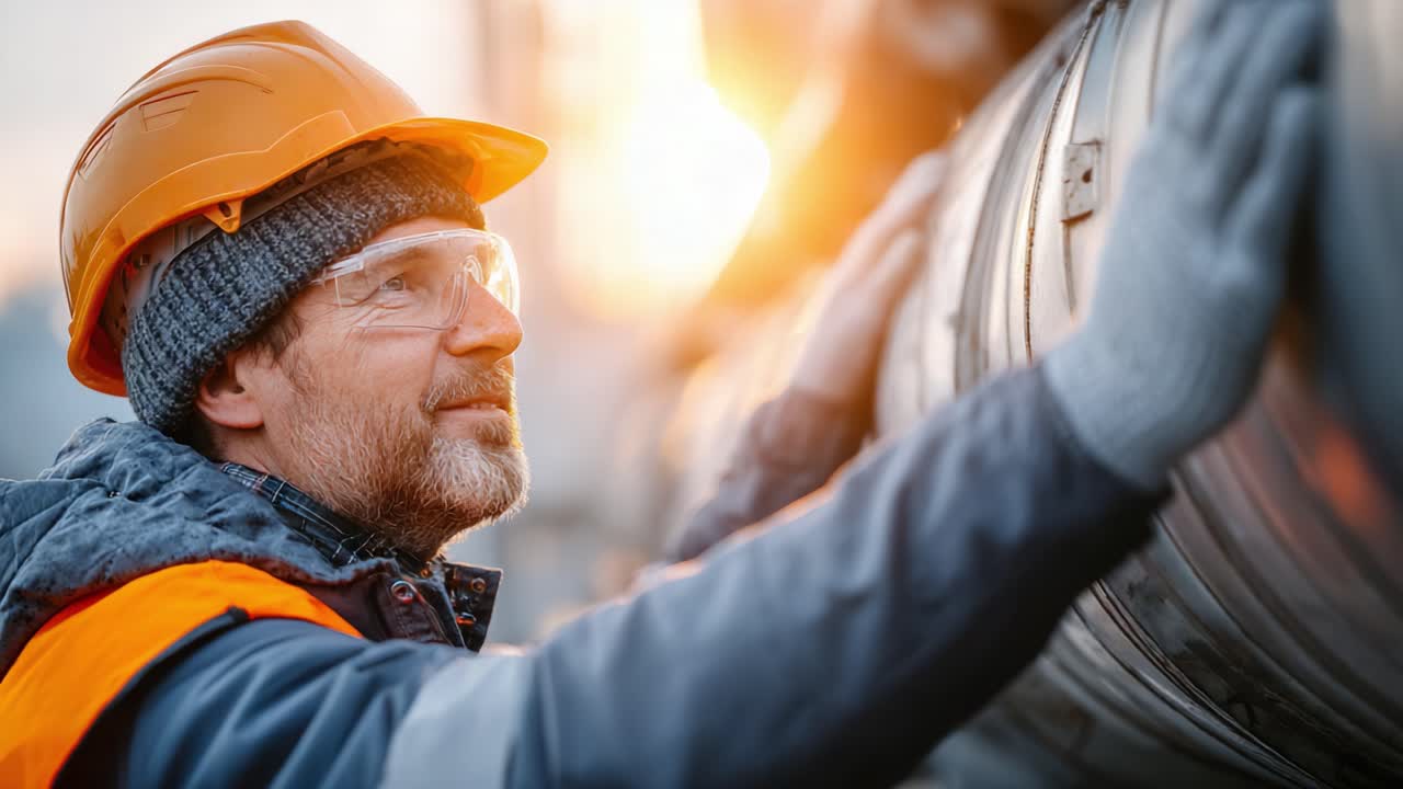 Ein engagierter Angestellter in Schutzausrüstung analysiert Geräte unter dem leuchtenden Sonnenuntergang und spiegelt das Engagement für Präzision und Sicherheit in einer industriellen Umgebung wider