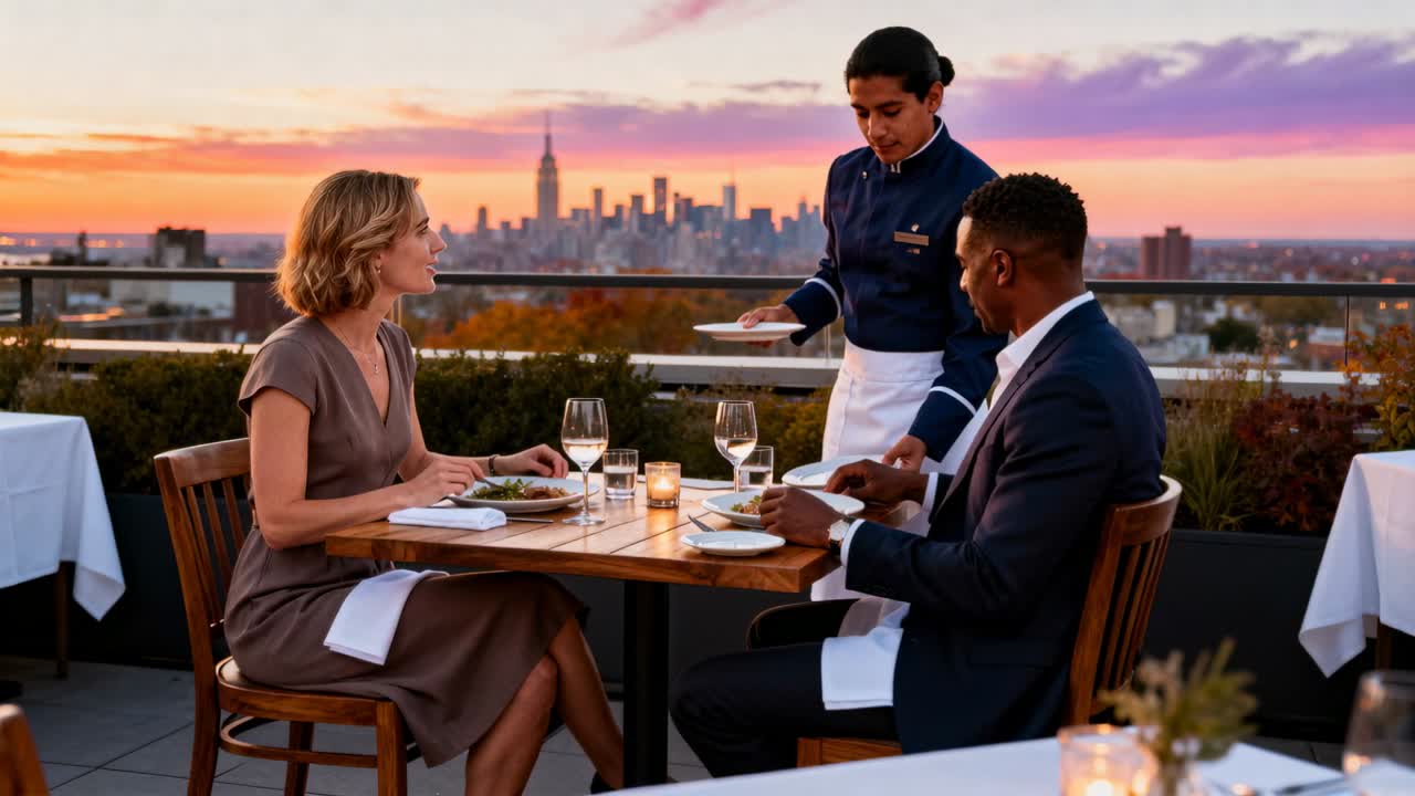 Approaching server in navy jacket placing plates on rooftop table, couple preparing dinner
