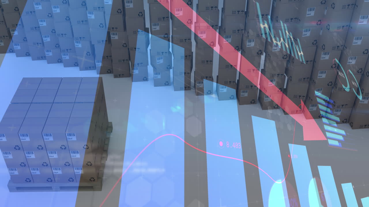 카드보드 상자 위에서 통계 및 데이터 처리와 함께 내려오는 빨간 화살표의 애니메이션