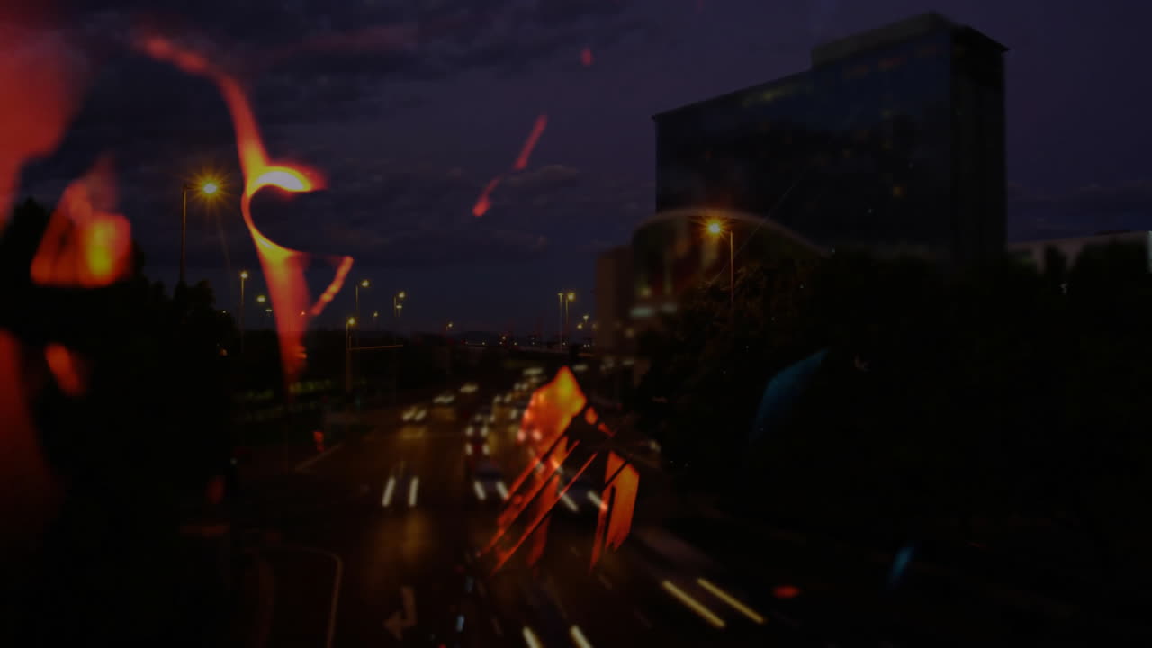 Violinist silhouette merging with urban highway reflecting glowing orb above skyline