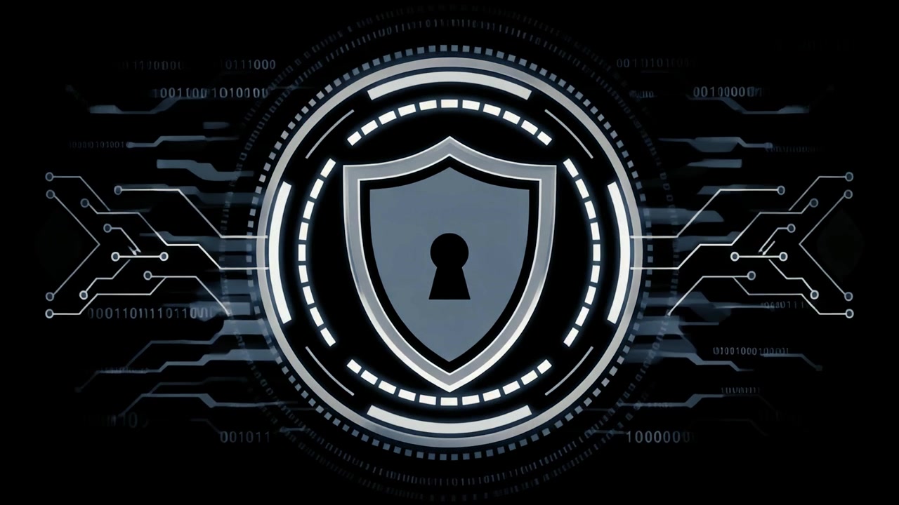 Cybersecurity Shield Icon with Digital Circuitry and Binary Data