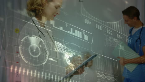 animation of digital screen with data processing over caucasian female doctor making notes