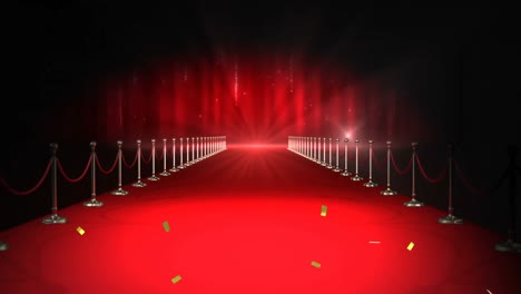 Animation-of-gold-confetti-falling-over-red-carpet-venue,-with-paparazzi-flashbulbs