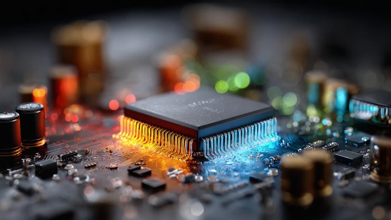 An Intricate Close-Up of a Circuit Board Highlighting the Vibrant LED Lights and Complex Components Surrounding an Advanced Microprocessor Chip