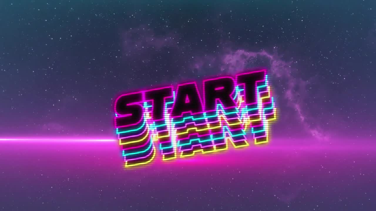 animación del texto de inicio escrito en letras negras con contorno sobre nubes púrpuras