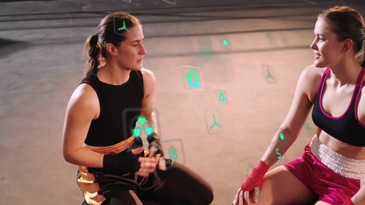 2 boxers sitting in ring after sparring, chatting and smiling with green AR icons floating between