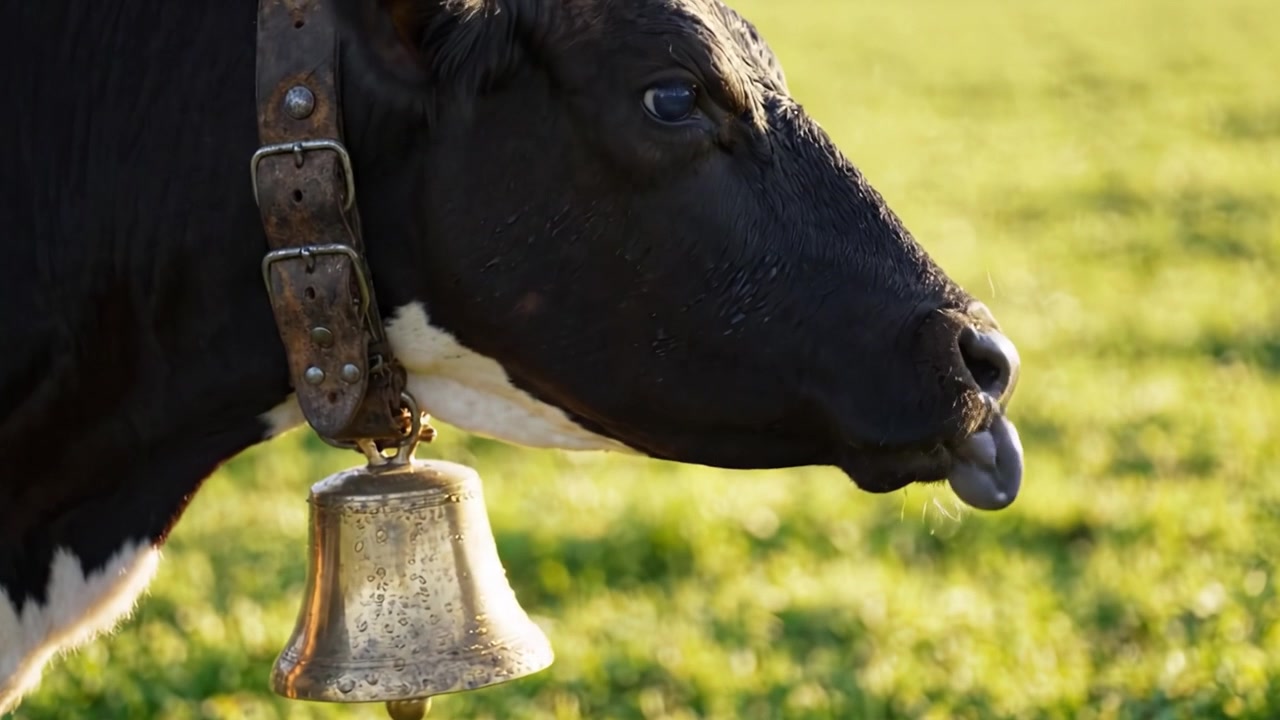 A Close-Up View of a Black and White Dairy Cow Wearing a Traditional Bell, Grazing in a Serene Green Pasture Under Warm Sunlight