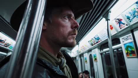 western attired cowboy in leather jacket standing inside subway train, observing advertisements and fellow passengers with curious expression during urban commute