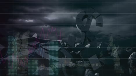 animación del procesamiento de datos sobre símbolos de dólares rotos y nubes oscuras