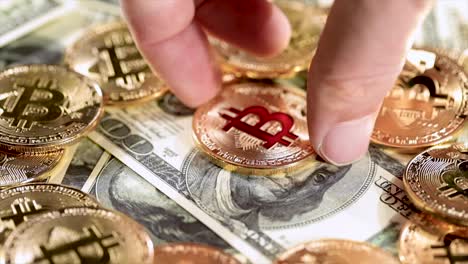 gold bit coin btc coins and dollar bills.