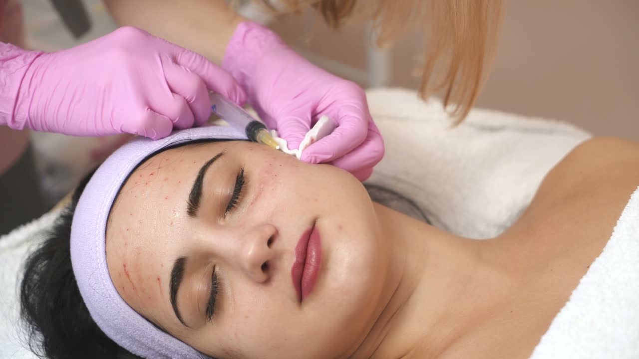 Young beautiful dark-haired woman gets rejuvenating facial injections. Work of the cosmetologist. Aesthetic cosmetology.