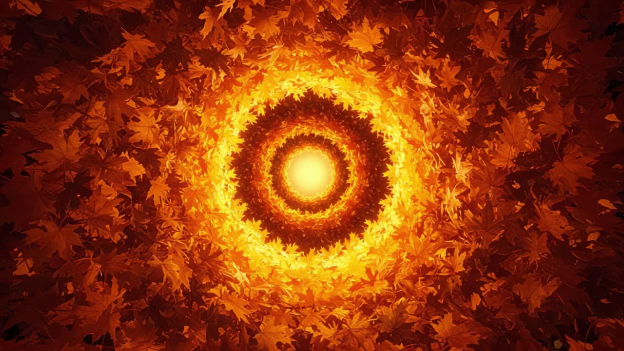 An Enchanting Spiral of Autumn Leaves Illuminated by a Bright Sun, Capturing the Essence of Nature's Vibrant Fall Colors in a Mesmerizing Journey