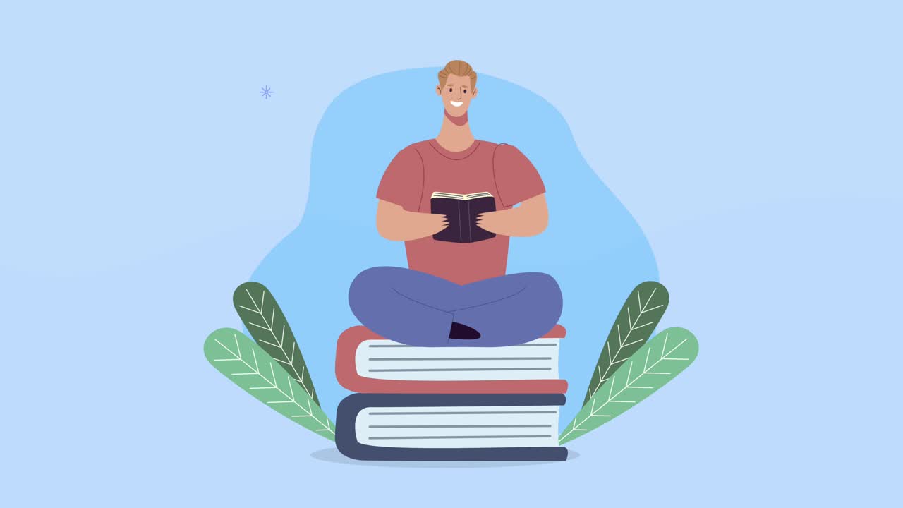 young student man seated in books reading book