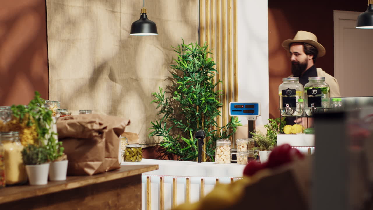 바이오 상점 체크아웃 카운터에 있는 고객