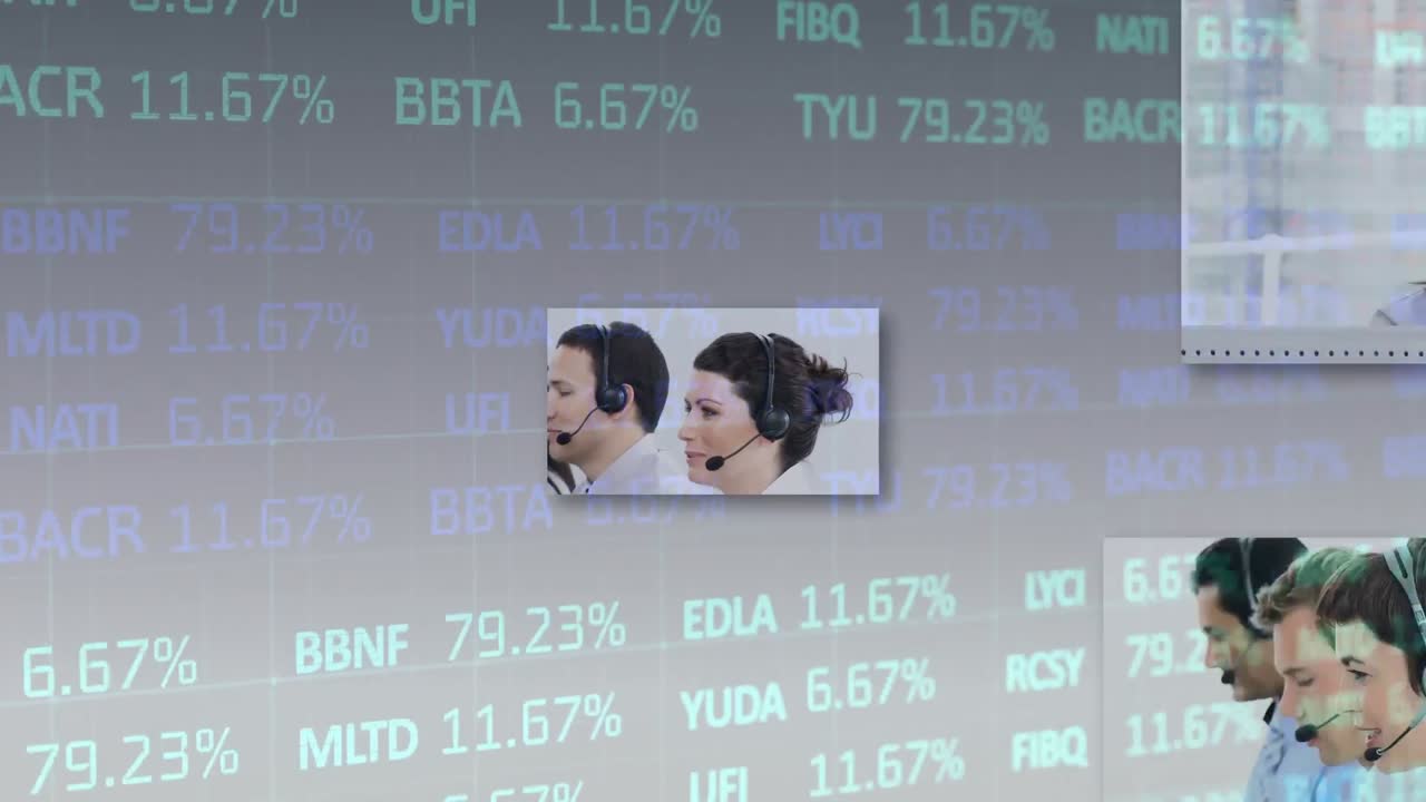 Animation of statistics and data processing over business people wearing phone headsets