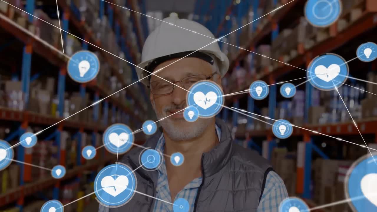 animación de la red de conexiones sobre el hombre caucásico en el almacén