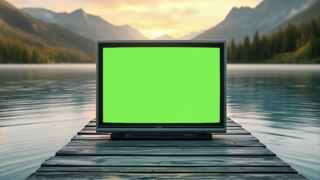 Vintage TV displaying mountain sunrise through green screen, positioned on weathered wooden dock overlooking serene lake