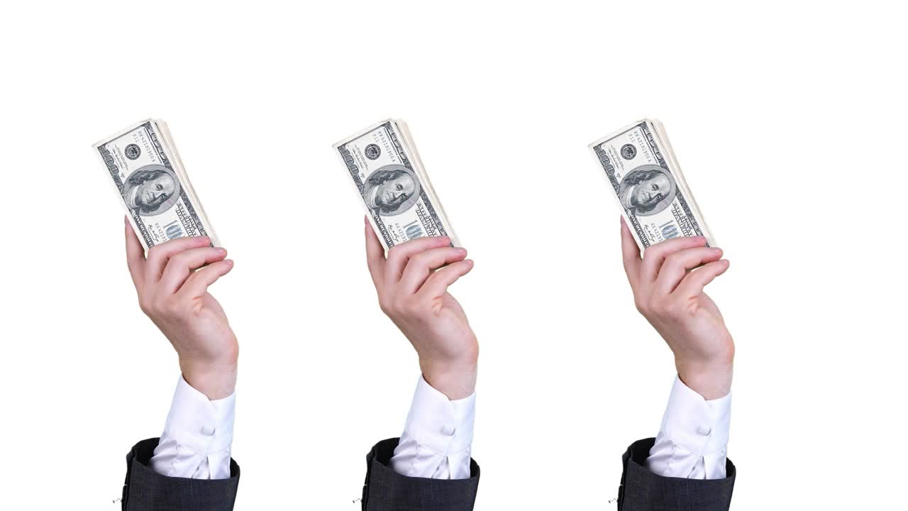 돈, 현금, gif 애니메이션, 클로즈업, 남성 손, 비즈니스 슈트, 백 달러 지폐 어리를 들고, 그들을 흔들고, 색 배경에 고립되어, 이 끊이지 않는 패턴, 애니메이션