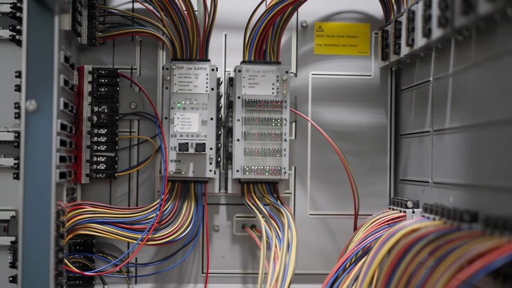 Close up view inside an industrial control cabinet with color coded cables, terminal blocks, indicator lights, and metal panels under bright indoor factory