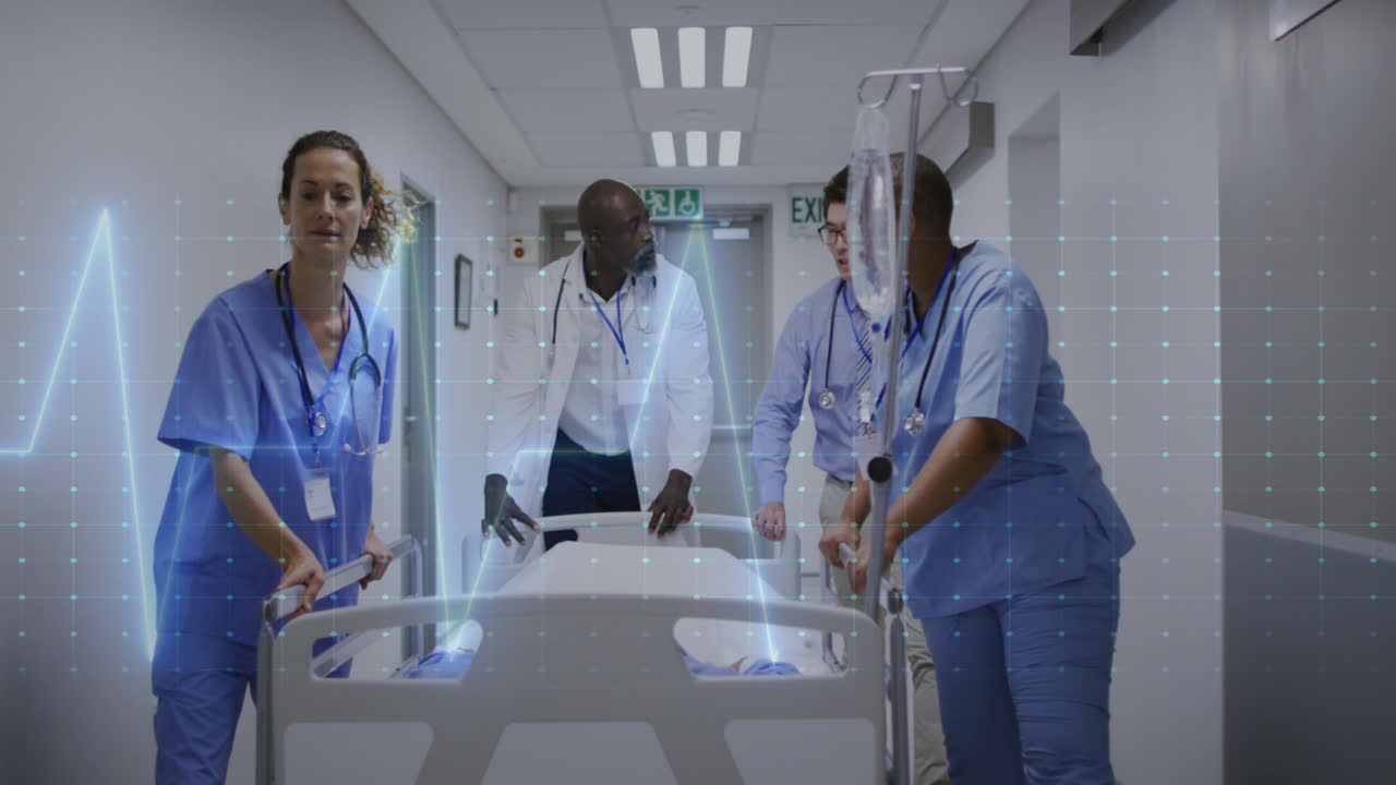 Animazione di un monitor della frequenza cardiaca su medici e operatori sanitari che spingono un paziente in sala operatoria.