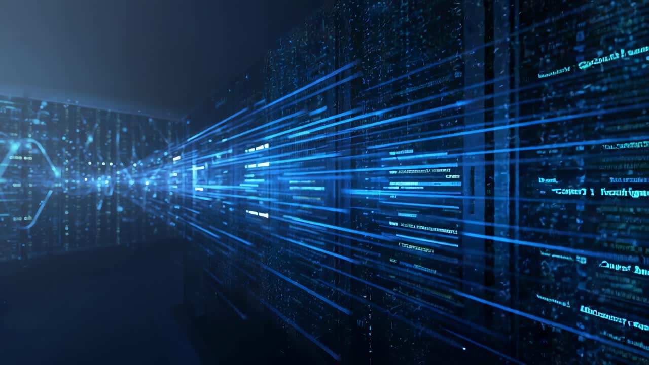 Materializing from far wall blue beams racing down data center corridor, with racks flickering code