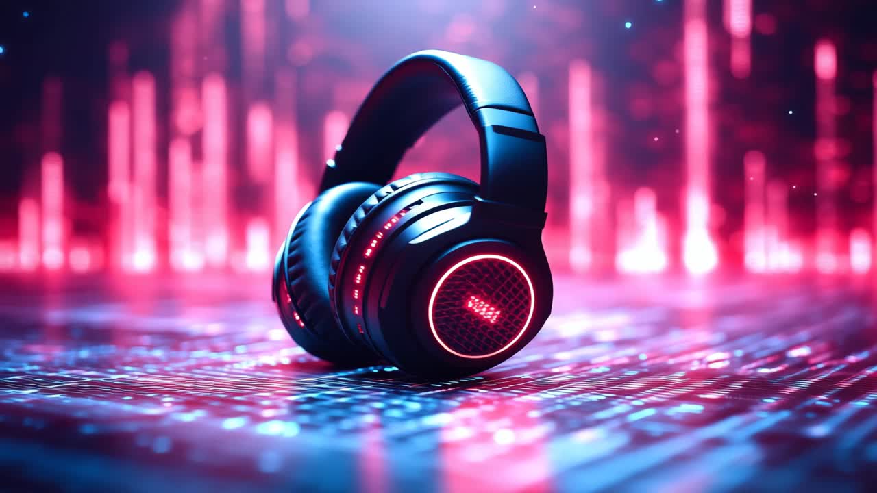 High-tech headphones in vibrant light. Black headphones with glowing accents sit on a colorful digital surface, highlighting modern design and tech.