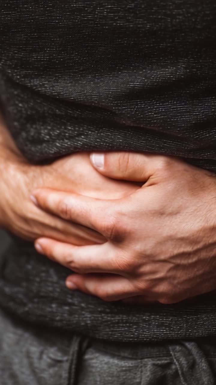 A close-up view of a person holding their stomach with both hands, expressing discomfort or pain, illustrating a moment of distress or unease in a personal health scenario