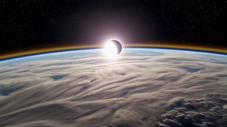 Solar Eclipse Seen From Space Above Earth Atmosphere