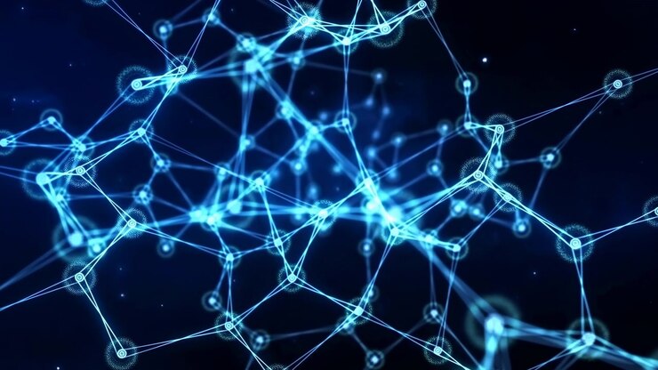 Close-up motion scene of glowing cyan blue network where bright circular nodes with soft halos and dotted particle rings connect through thin luminescent filaments, revealing dense irregular lattice