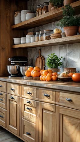 brightly lit kitchen with fresh oranges on rustic wooden countertop