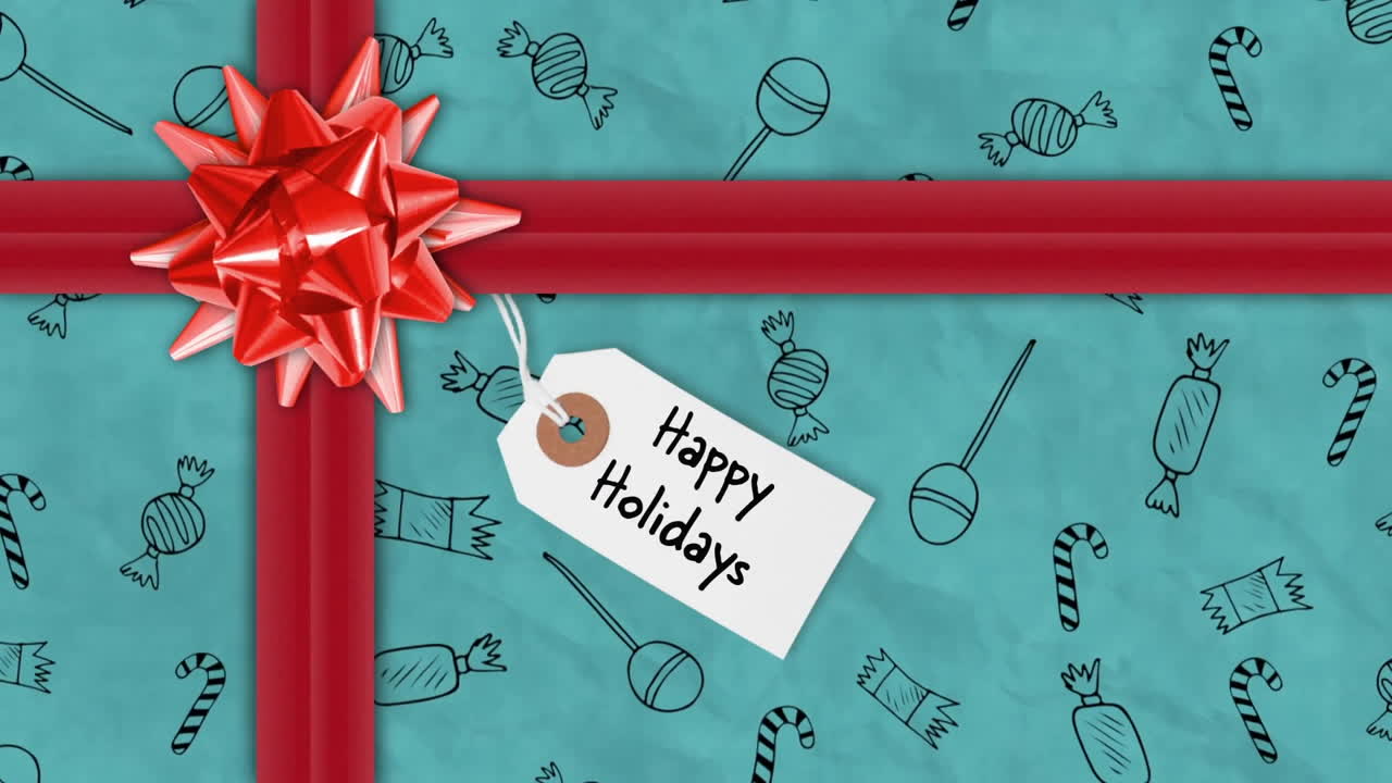 Animation of happy holidays text on tag over christmas present with red ribbon