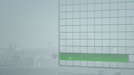 Animation-of-multiple-graphs-and-changing-numbers-over-fog-covered-modern-city-against-sky