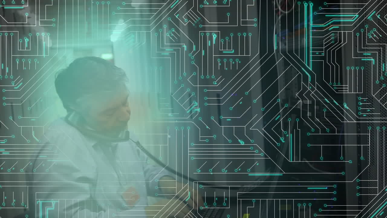 Man checking equipment in a computer server room and computer circuit board