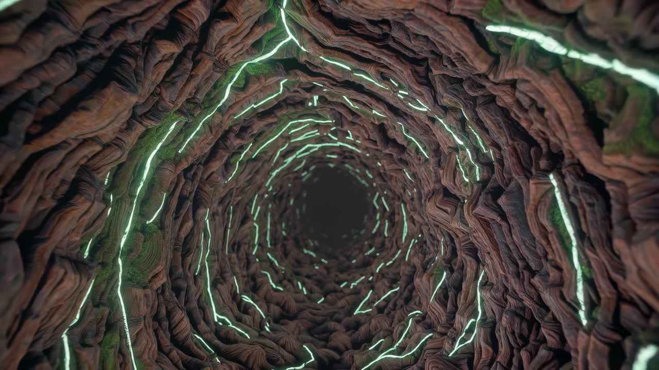 Abstract tunnel scene showcasing intricate textures and glowing lines, illustrating a continuous motion through a captivating organic structure