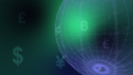 blurred background with rotating globe and dollar, euro, bitcoin currency signs. 3d animation in blue and green. plexus of lines.