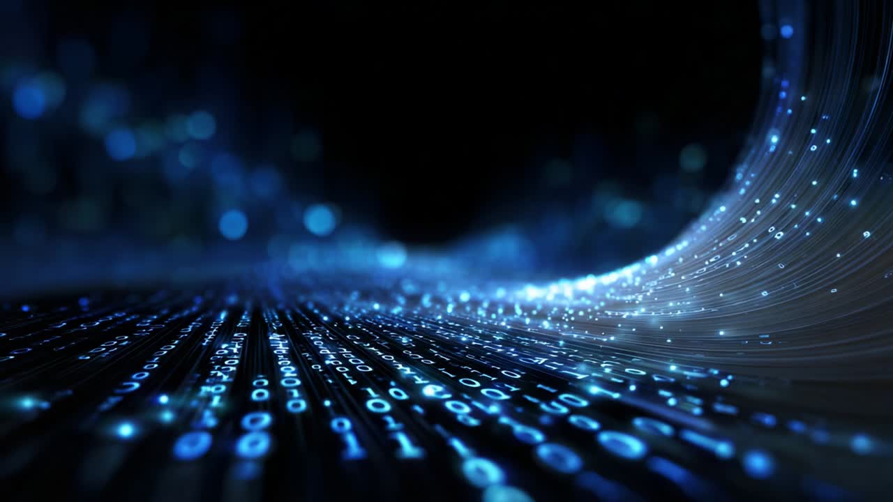A Dynamic Visualization of Binary Code Flowing in a Digital Environment, Where Glowing Blue Bits and Bytes Create an Illusion of Movement and Depth in the Expansive Digital Realm, Signifying Data Processing and Technology