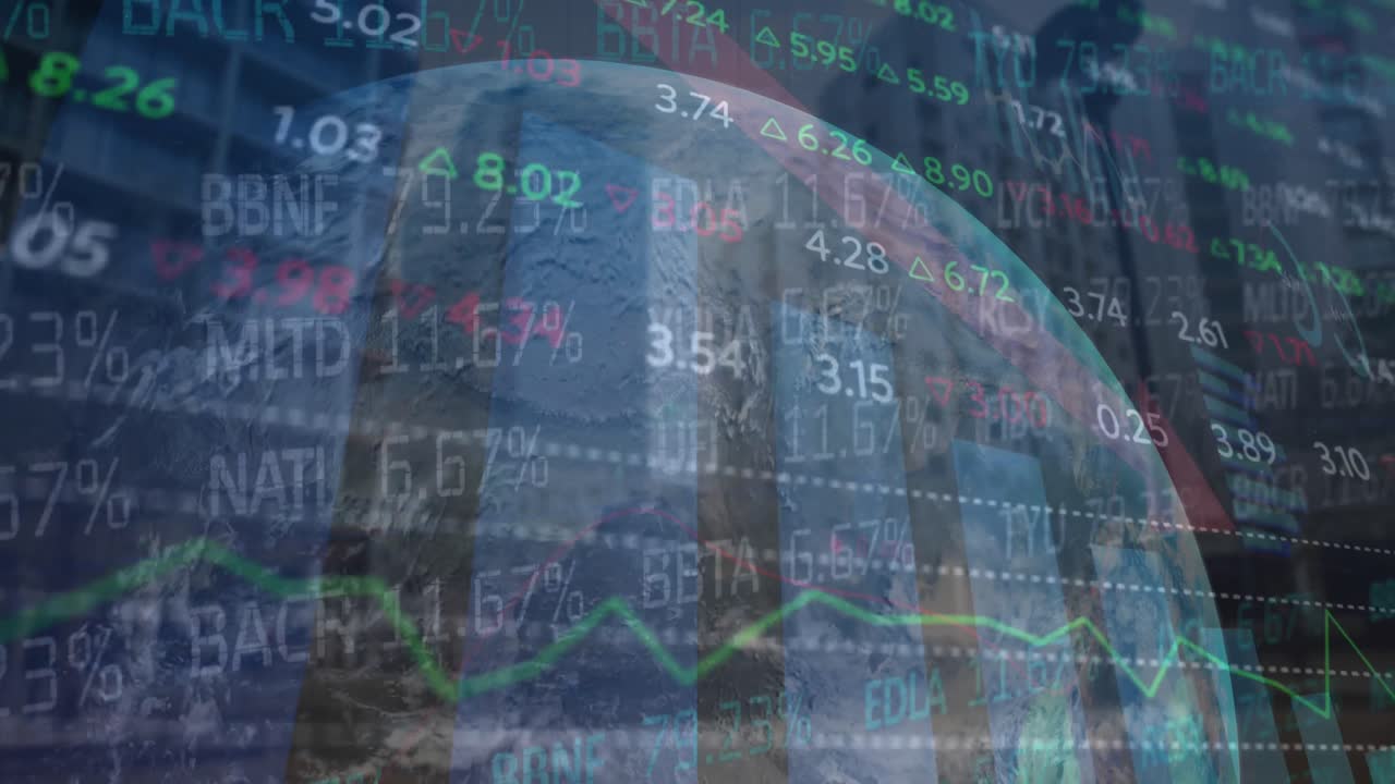 animación del procesamiento de datos financieros con el globo sobre el paisaje urbano