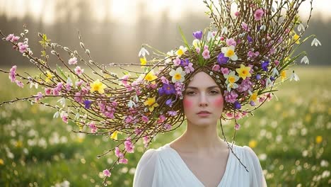 a serene portrait of a young woman adorned with an elaborate floral headpiece, capturing the essence of spring in a sunlit meadow with vibrant colors and nature's beauty