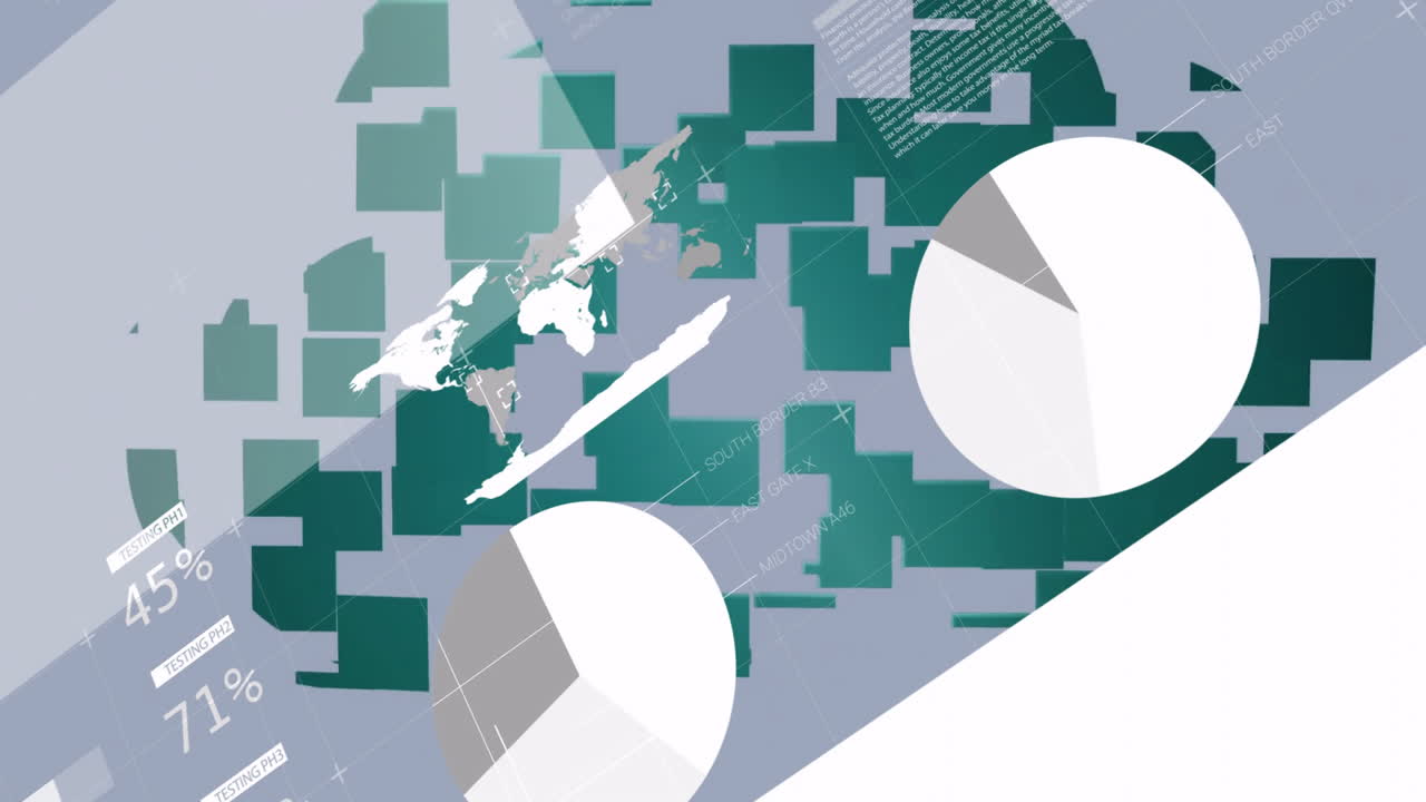 Digital data and pie chart animation overlaying world map for cloud computing