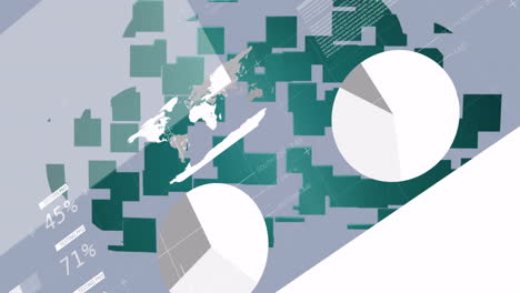 digital data and pie chart animation overlaying world map for cloud computing