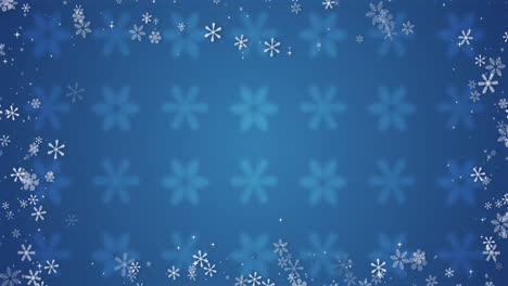 Animation-of-pink-snowflakes-spinning-on-snowflake-pattern-on-blue-background