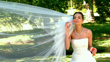 Bride-blowing-bubbles-in-the-park