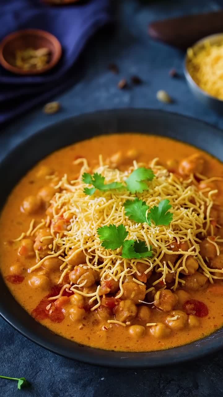 Video dall’alto di un curry di ceci piccante guarnito con erbe aromatiche e noodles croccanti