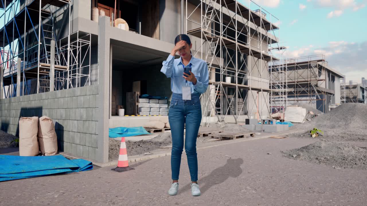 Full Body Of Asian Female With Her Smarphone At Construction Site in Progress to New House, She Is Nodding Her Shead With Dissapionted